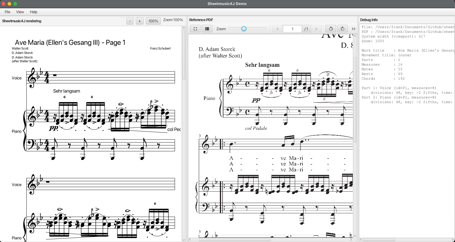 Demo application comparing the Sheetmusic4J rendering of a MusicXML score with the reference PDF